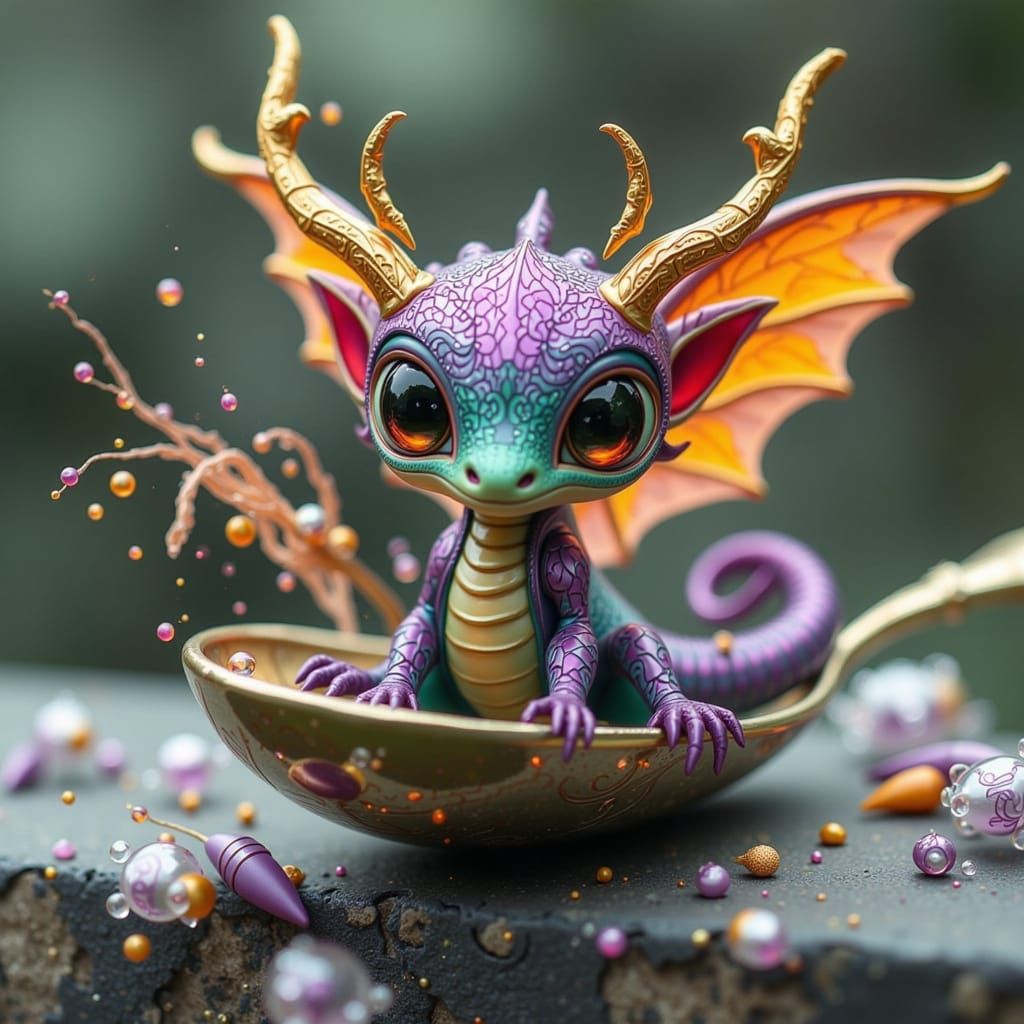 Miniature Dragon in Spoon, Playful Futuristic Style