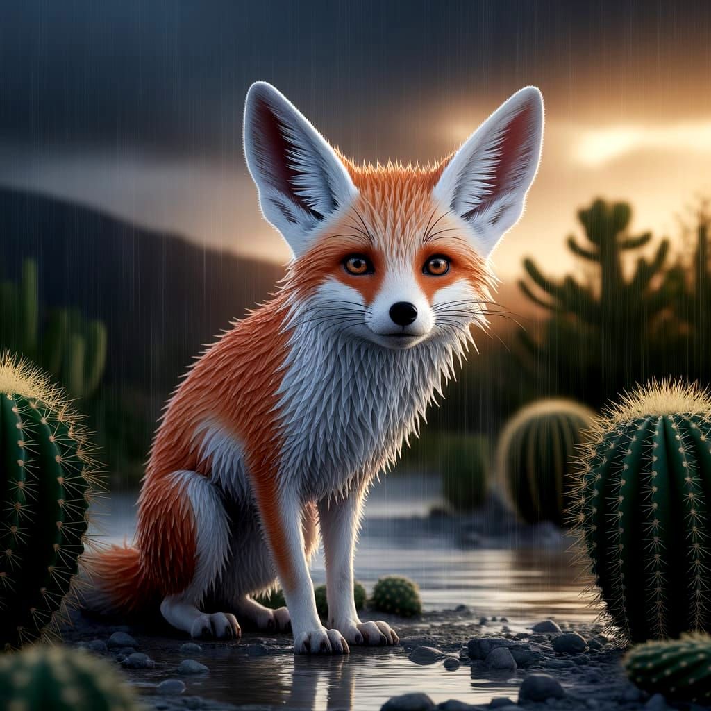 Fennec Fox Seeks Shelter in Rain