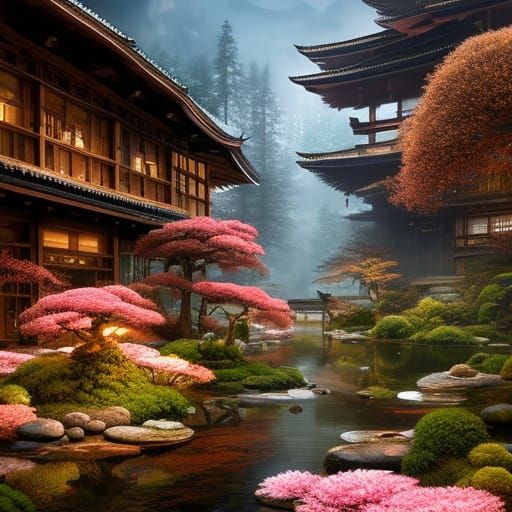 Japanese Onsen in Forest, Hyperrealistic Digital Matte Paint...