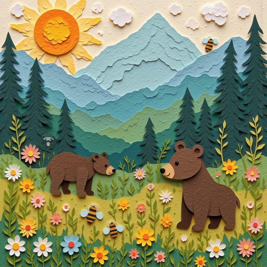 Paper Collage of Bear and Cub in Spring Landscape