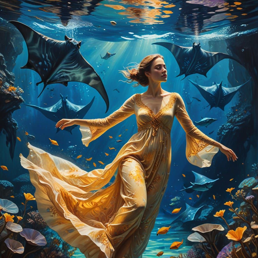 Woman with Manta Rays in Gouache Style
