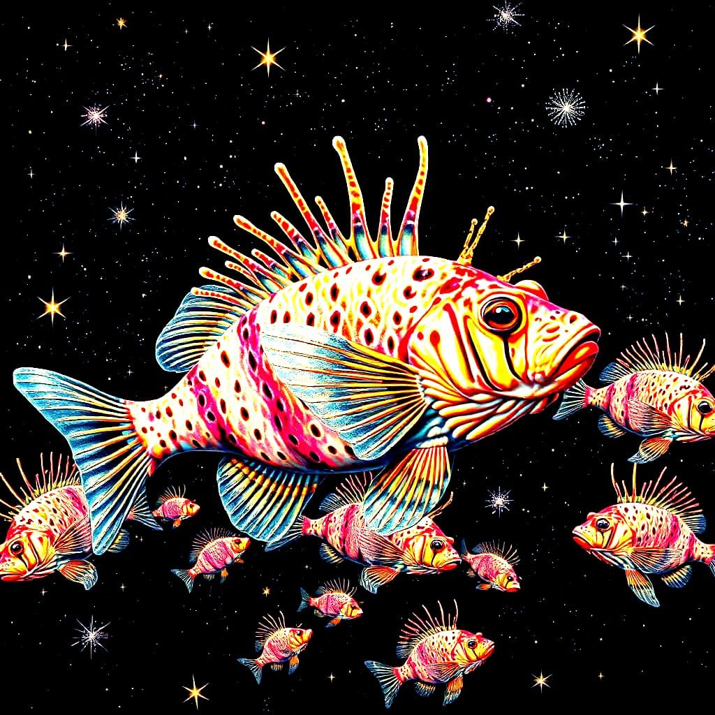 Hyperrealist Celestial Scene with Lionfish Gods