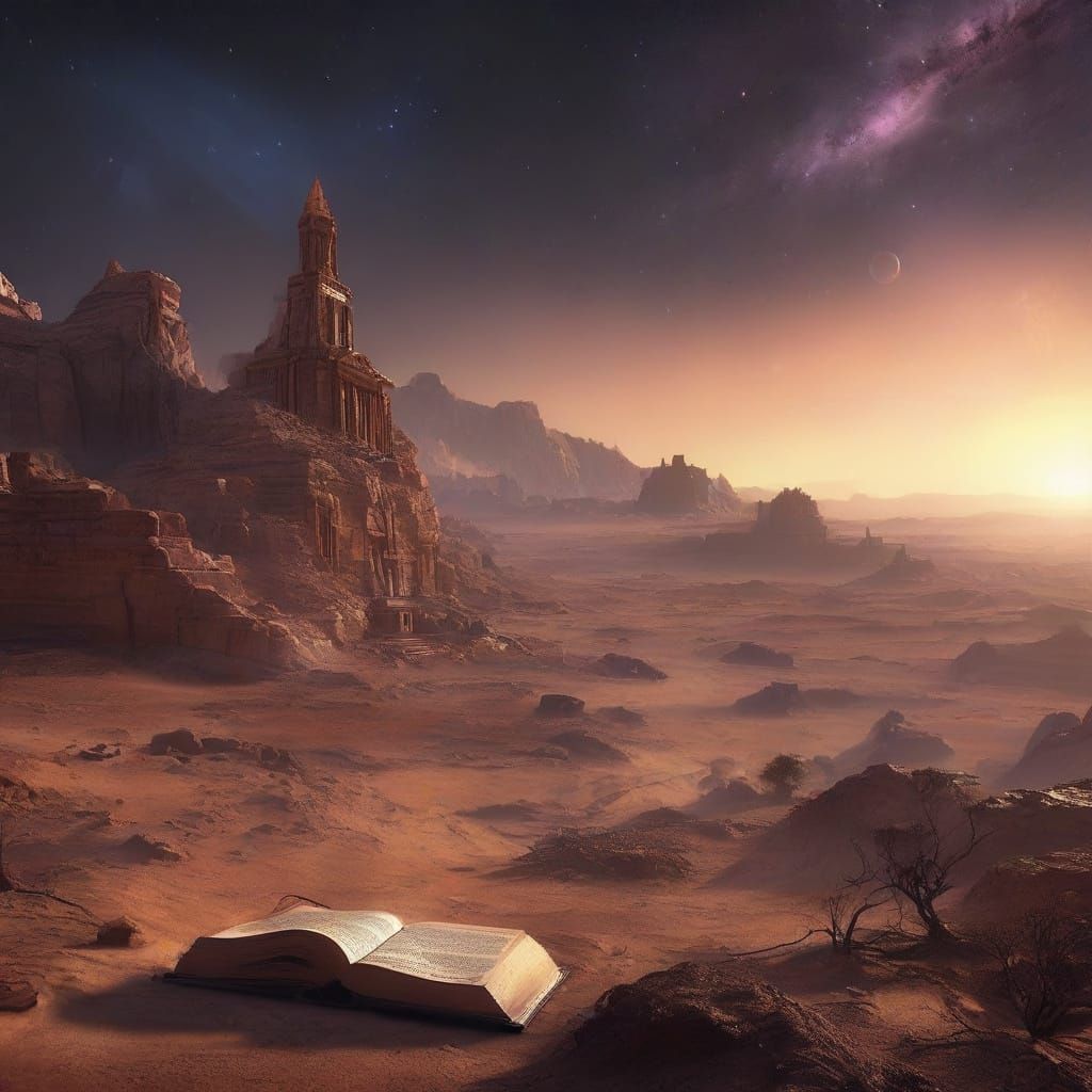 Lost Book on Desolate Planet with Nebula Sky