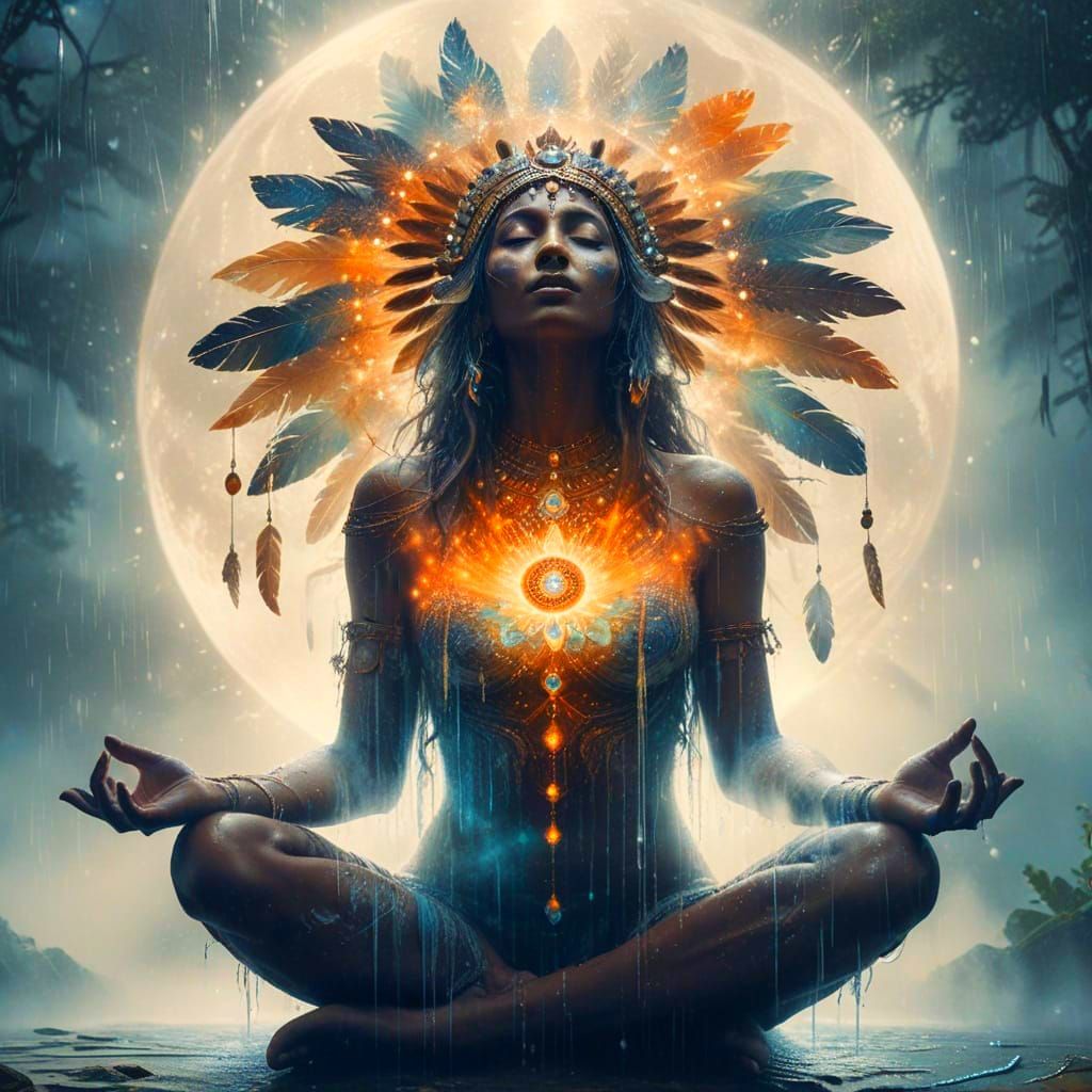Mystical Figure in Lotus Pose with Inner Forest and Moon