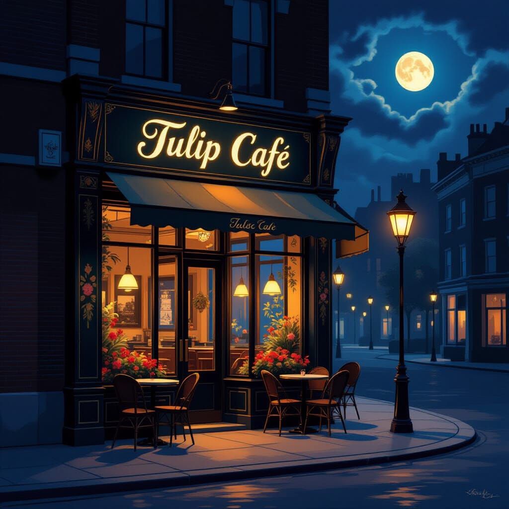 Tulip Cafe Sign Under Moonlight