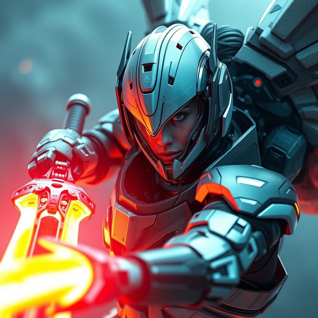 Valkyrie Warrior Charges Energy Sword in Mech Suit