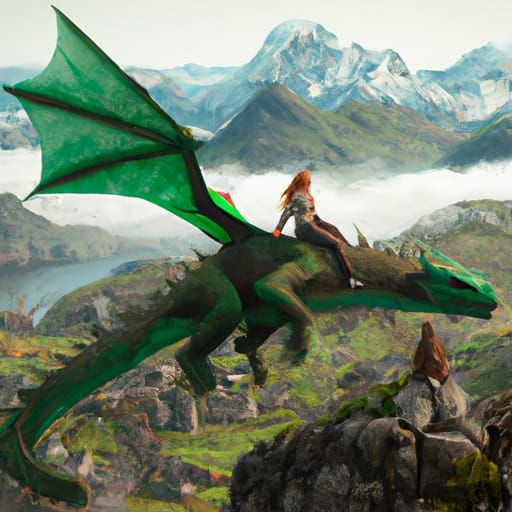 Redhead Woman on Dragon Over Scotland Mountains