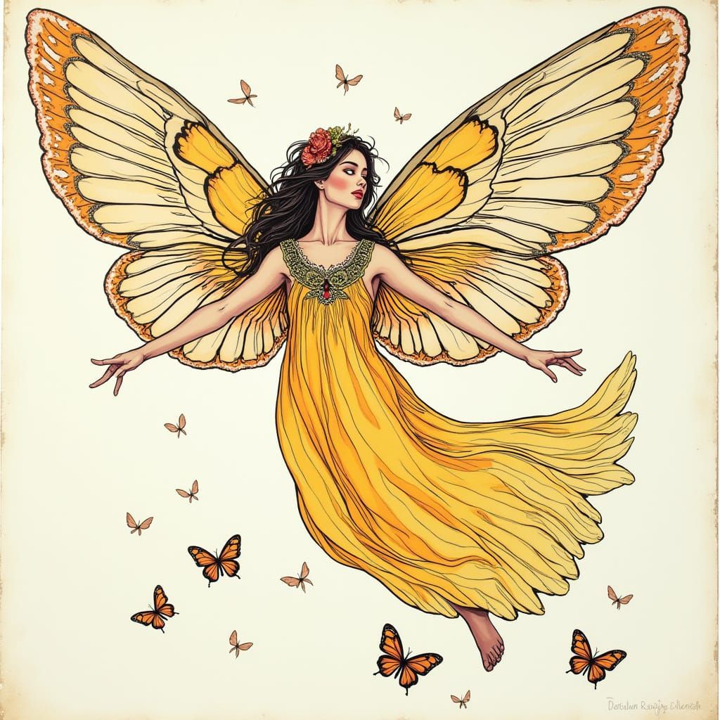 Elegant Angel Descends with Radiant Aura in Beautiful Line A...