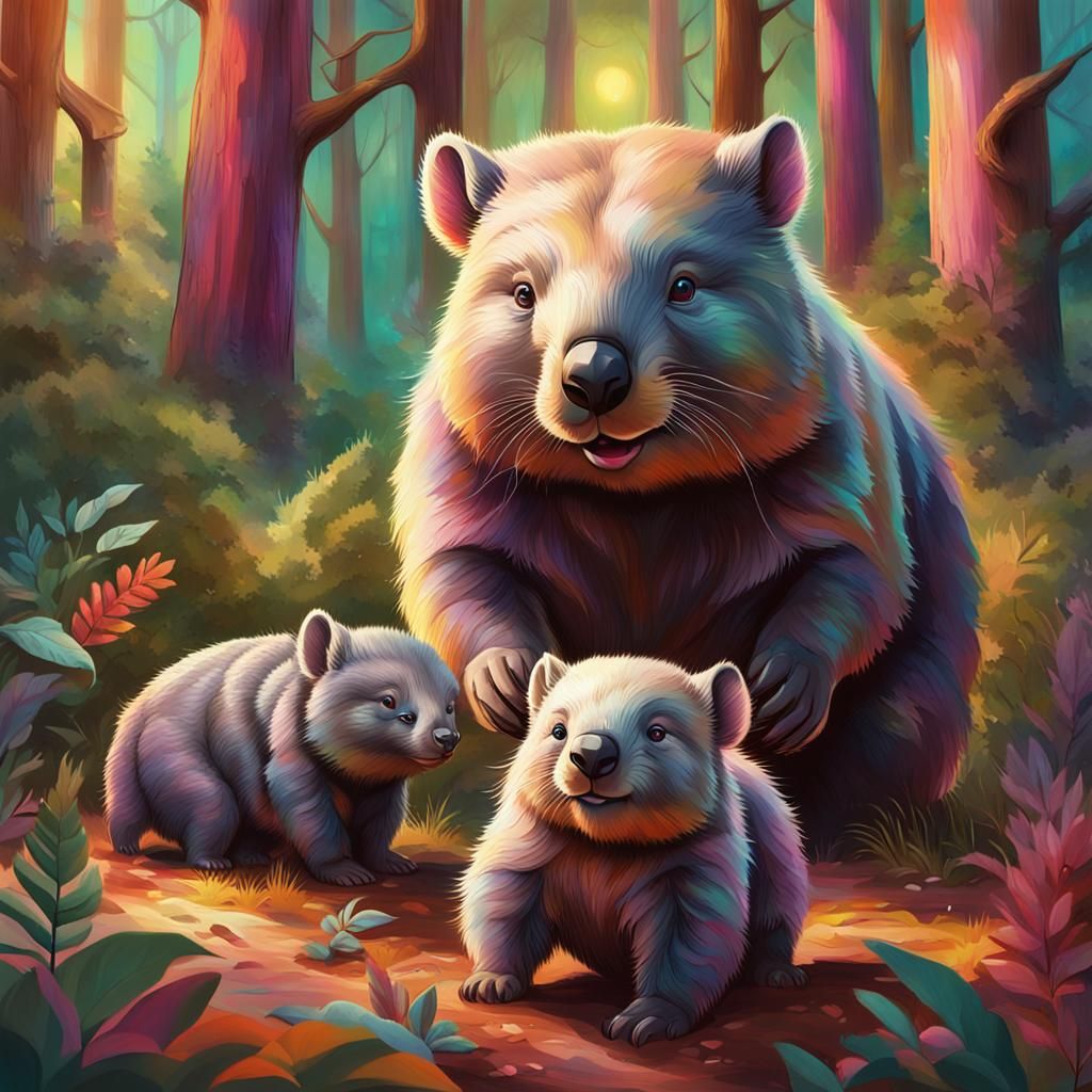 Wombats in a Glistening Forest: Hyperrealistic Splash Art