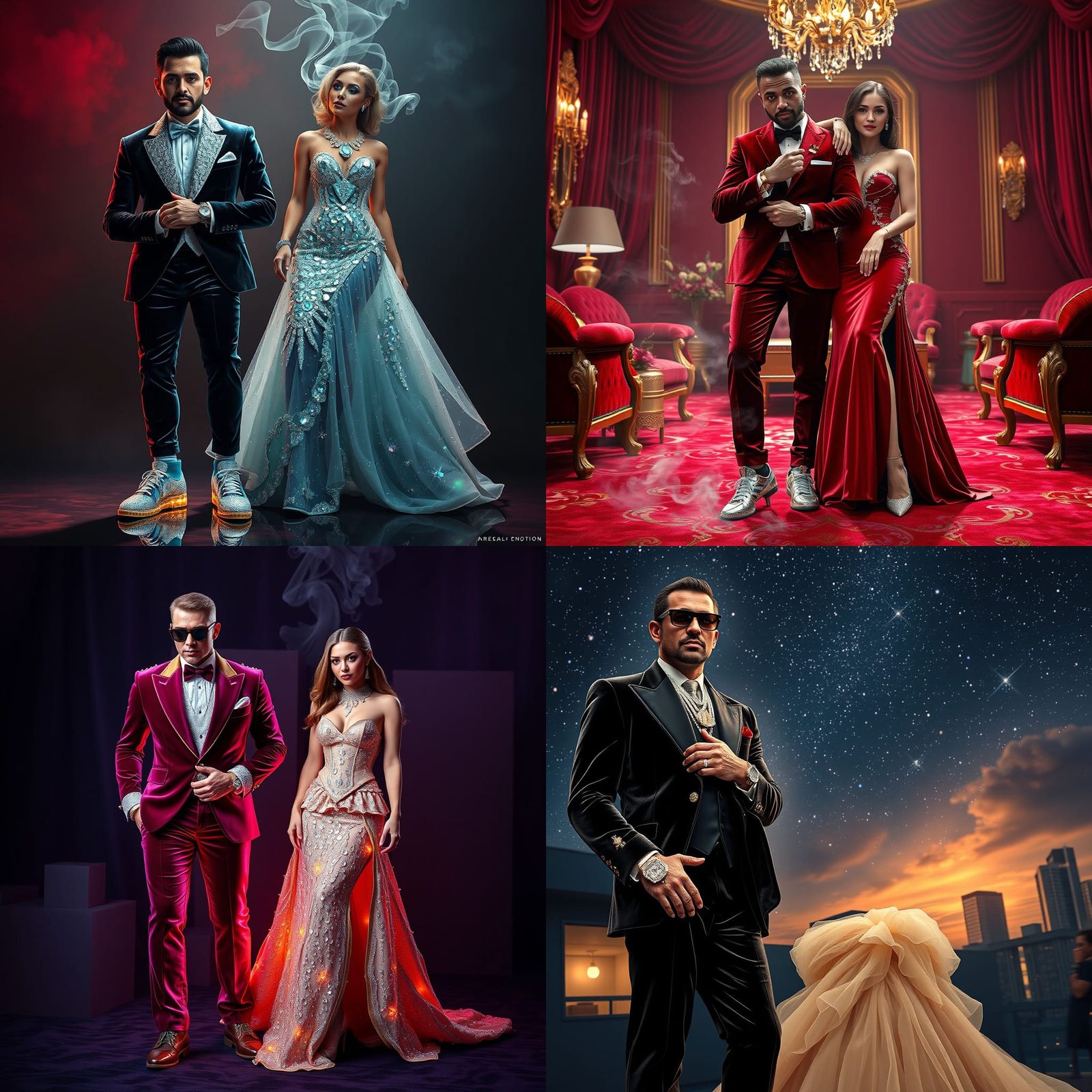 Extravagant Fashion: Velvet Suit and Crystal Gown