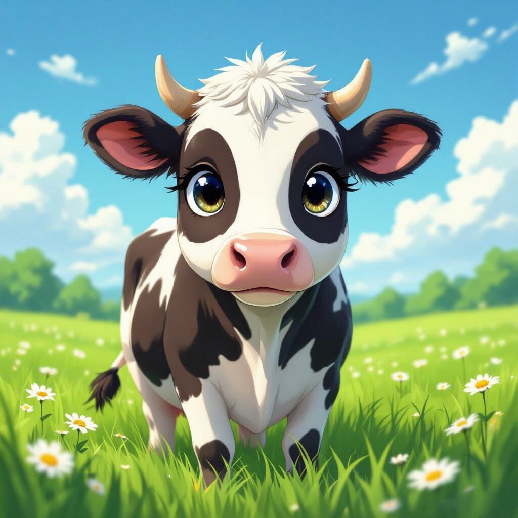 Charming Anime Cow in Green Pasture