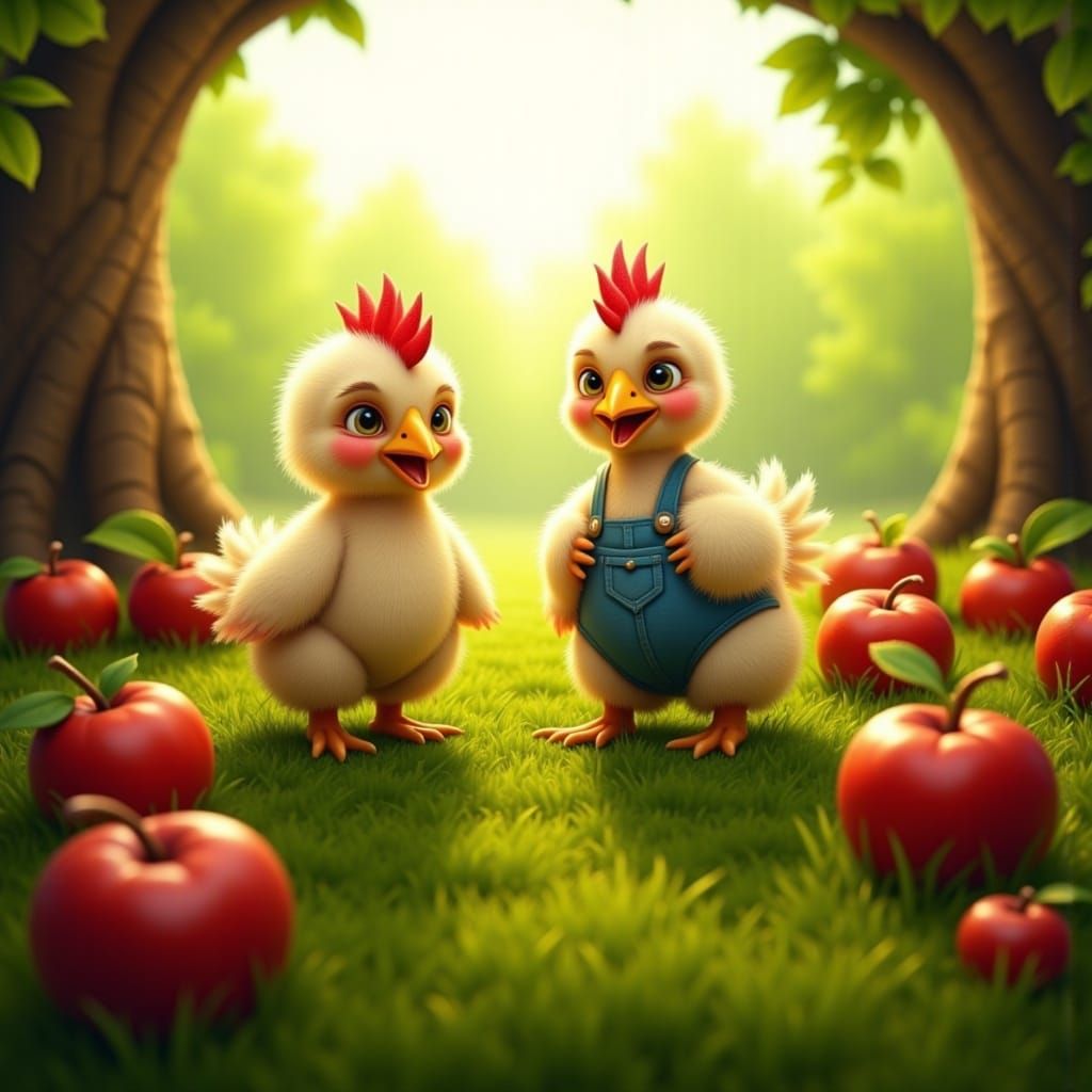 Whimsical CGI Chickens in Sunny Orchard