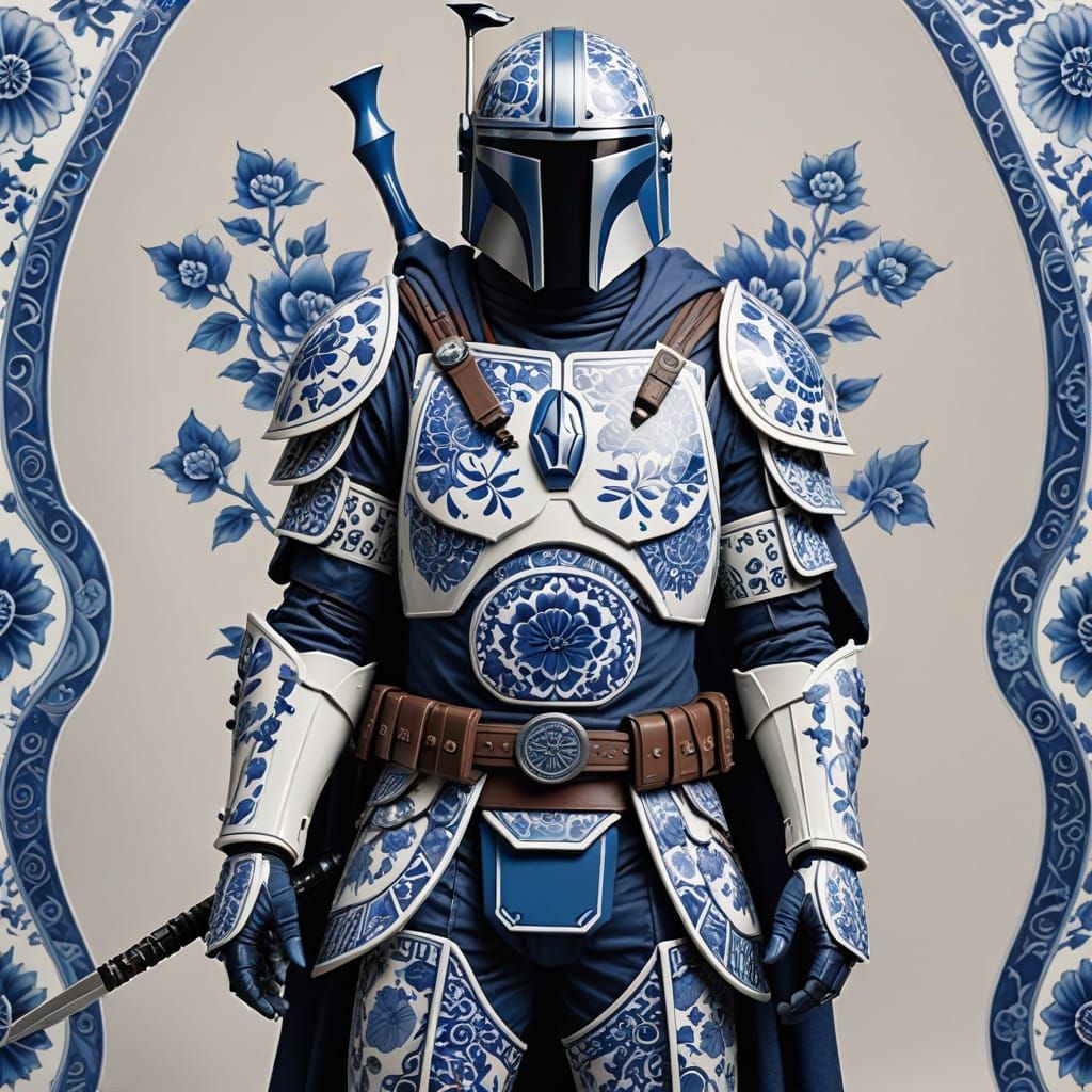 Mandalorian Warrior in Ming Dynasty Blue and White Porcelain...
