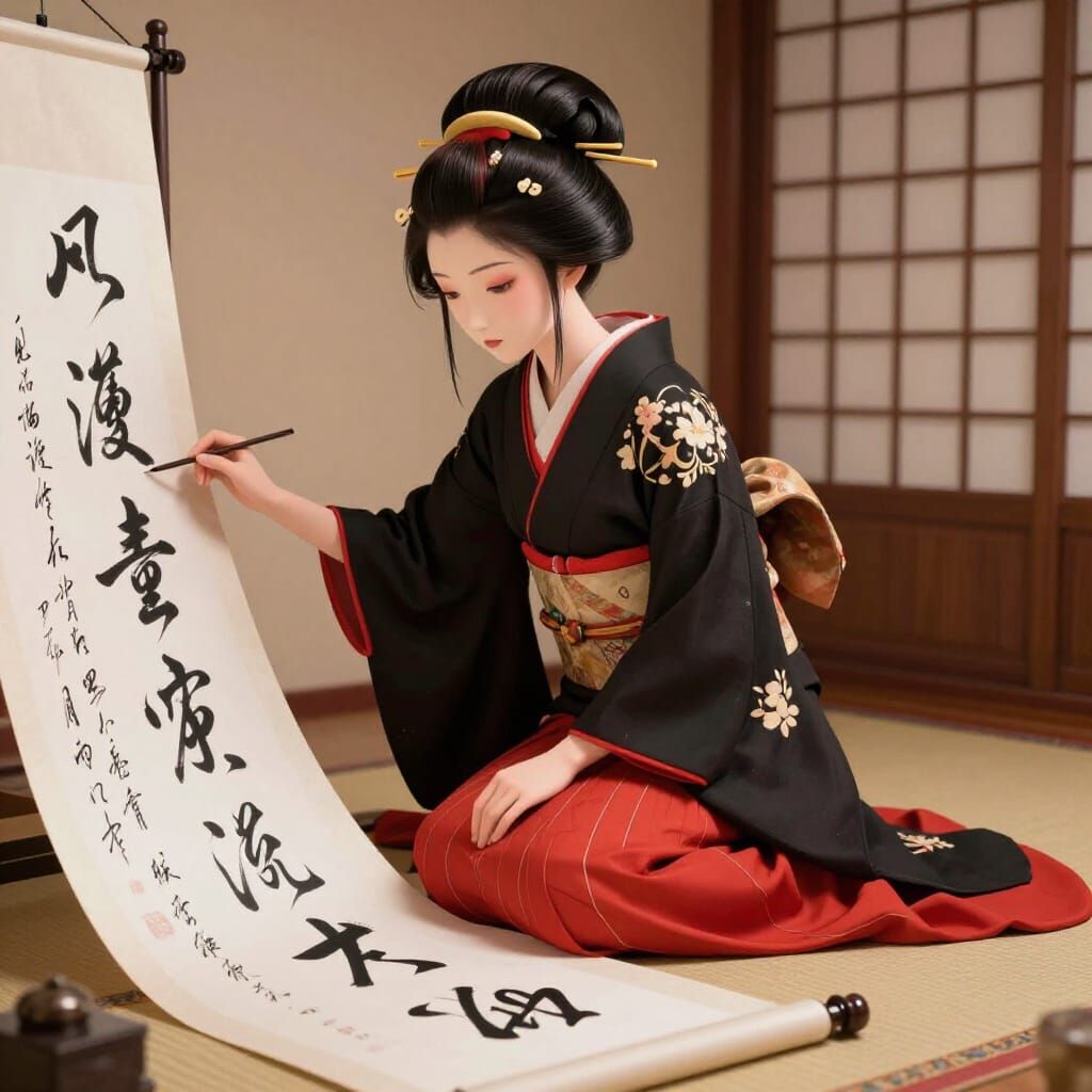 Geisha Painting Calligraphy on Rug in Ornate Room