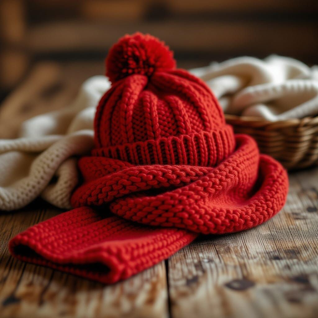 Cozy Red Knitted Hat and Scarf Set on Wood