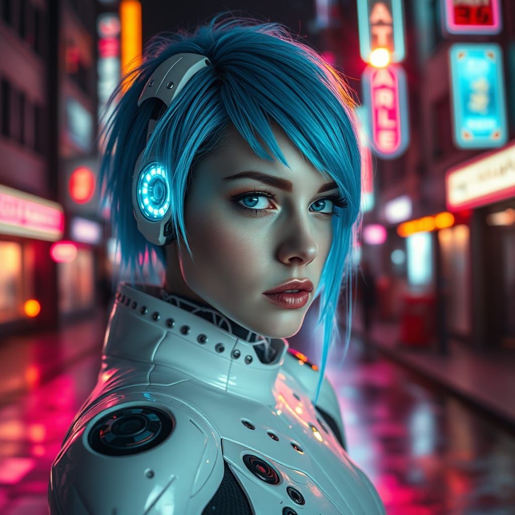 Cyberpunk Woman with Robotic Eye in Neon Cityscape