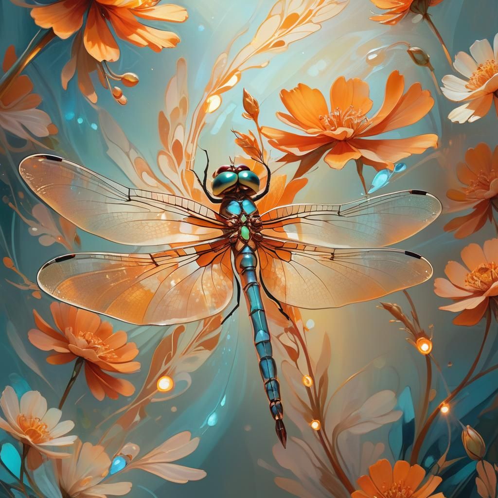 Dragonfly over Mystical Flower, Stylized Oil Painting
