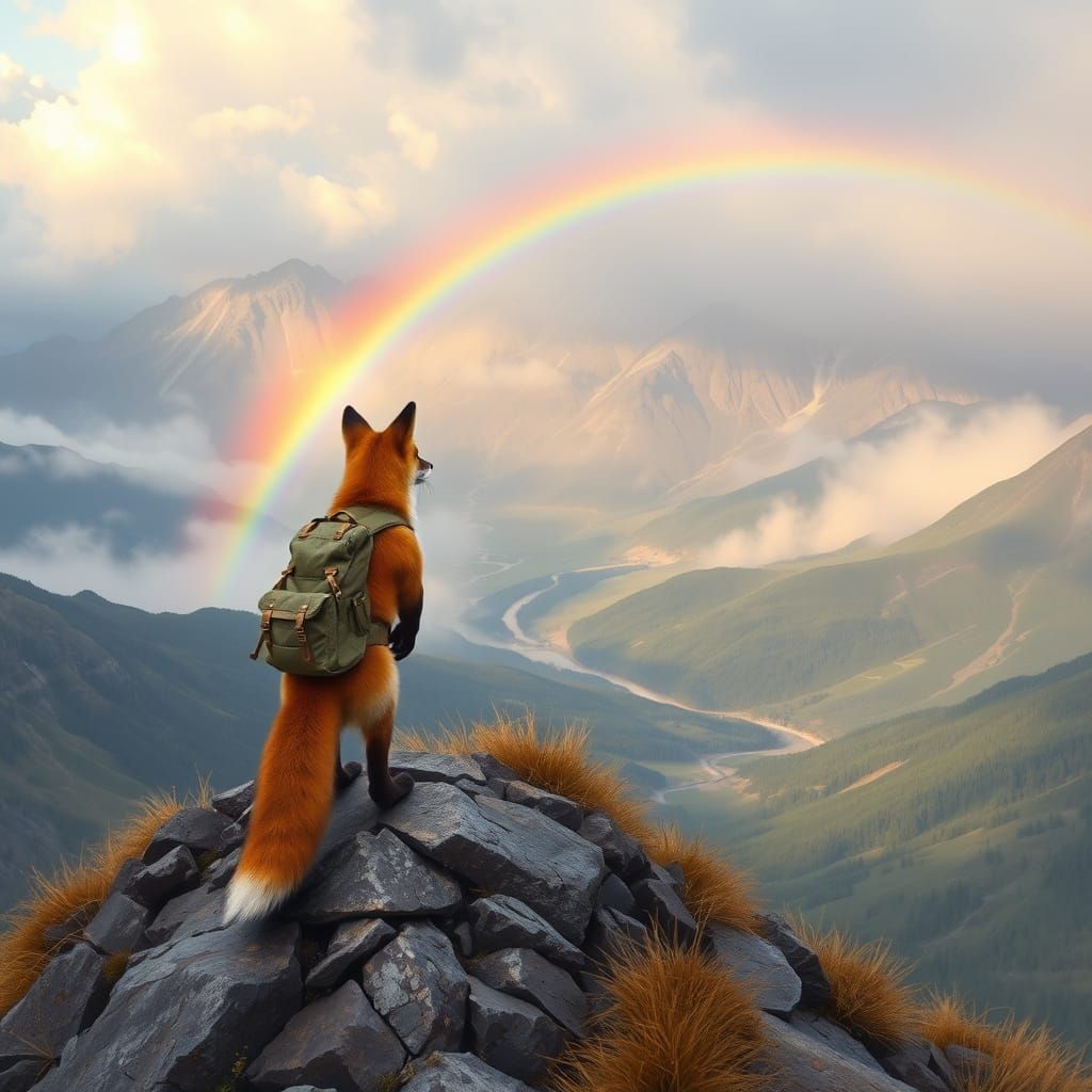Fox Hiker Observes Rainbow on Mountain Peak