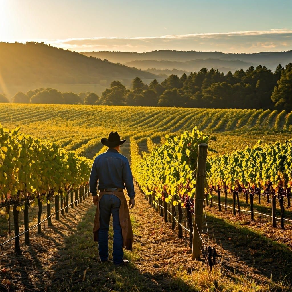 Cowboy Surrounded by Golden Vineyard at Dawn in Western Art ...
