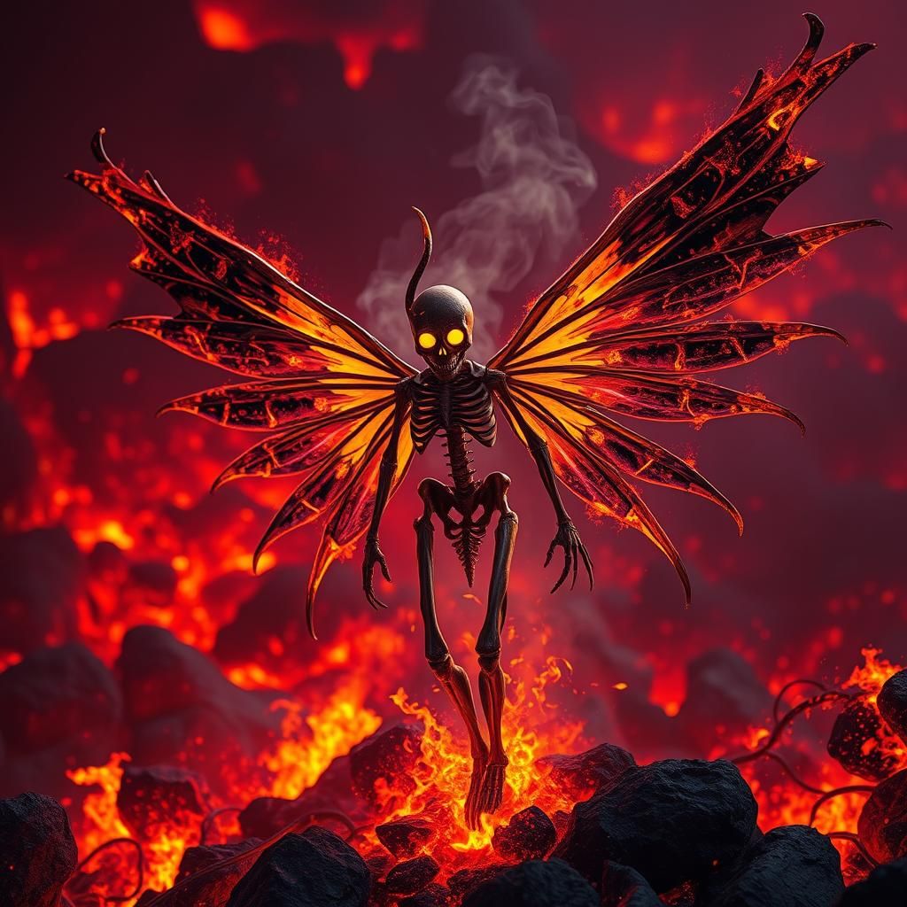 A hot smoldering skeletal fairy with bone wings, covered in ...