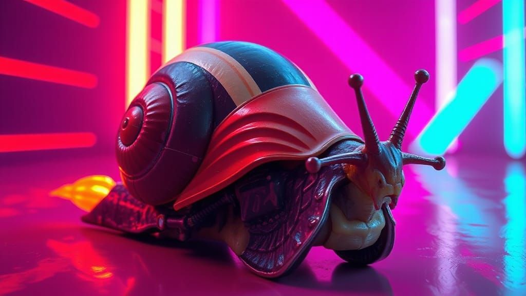Futuristic Snail with Afterburners in Neon Cityscape