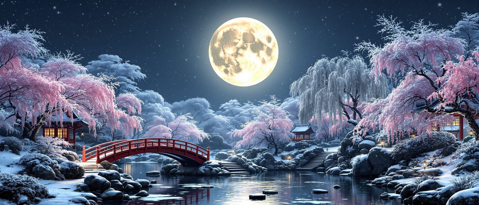Moonlit Japanese Garden in Snowscape