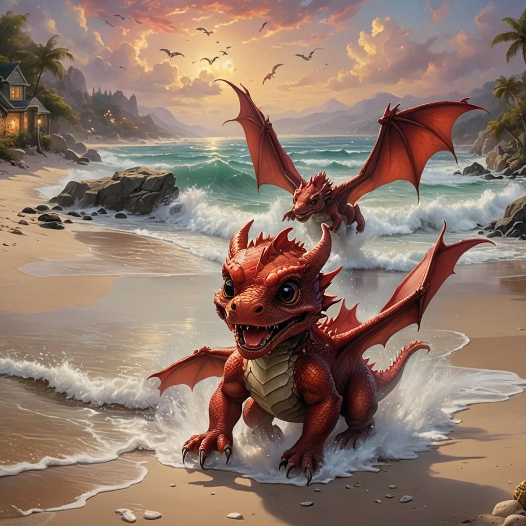 Baby Red Dragon Frolicking on the Beach