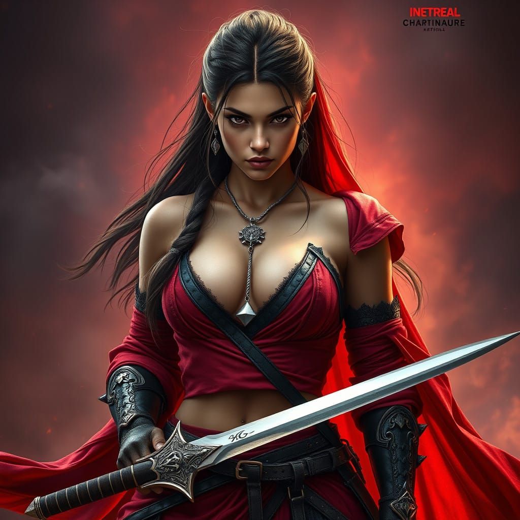 Medieval Warrior in Flowing Black-Red Garb