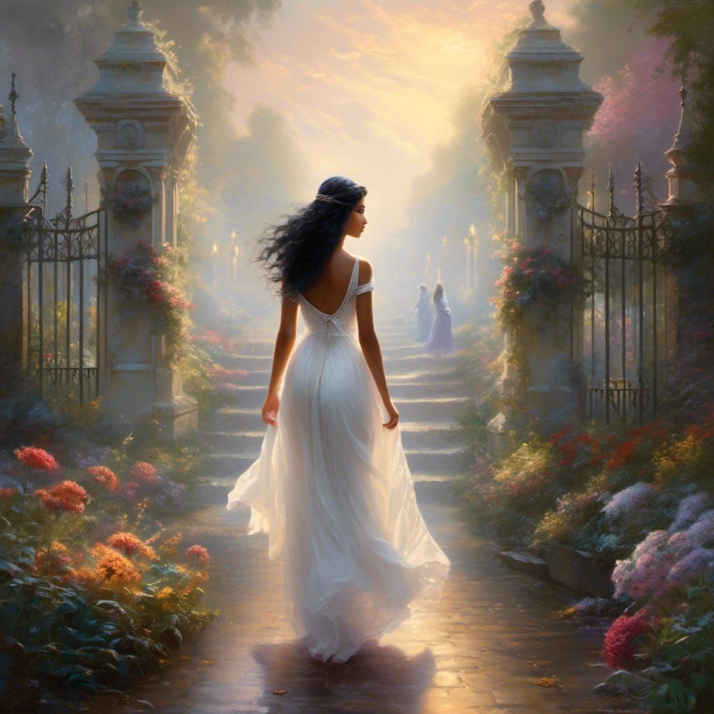 Girl Walking Towards Heaven in Ethereal Fantasy Style