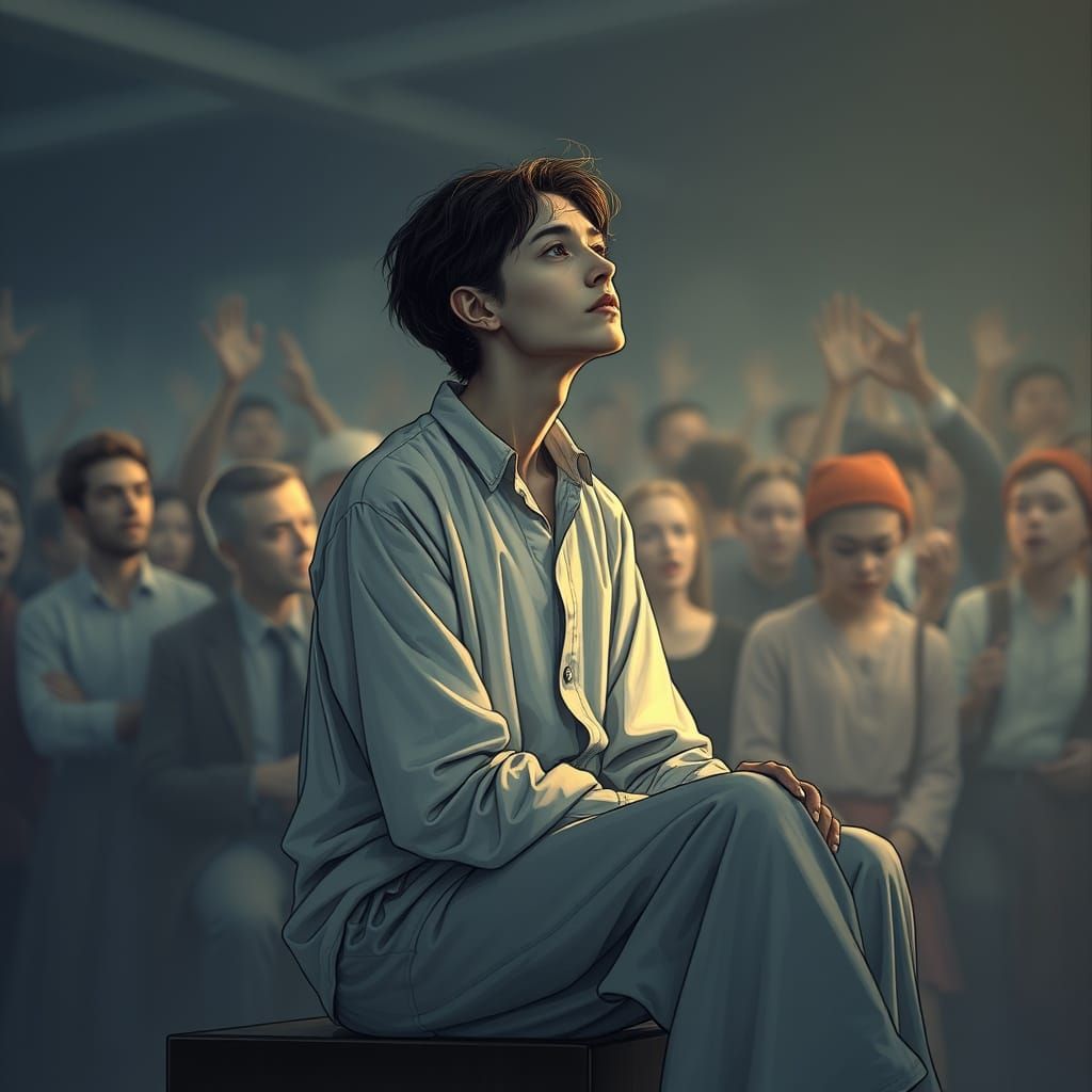 Serene Figure Amidst Chaos, Ethereal Lighting