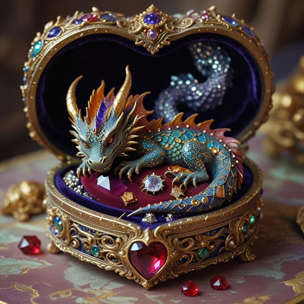 Miniature Purple Dragon Sleeps in Gem-Filled Jewelry Box