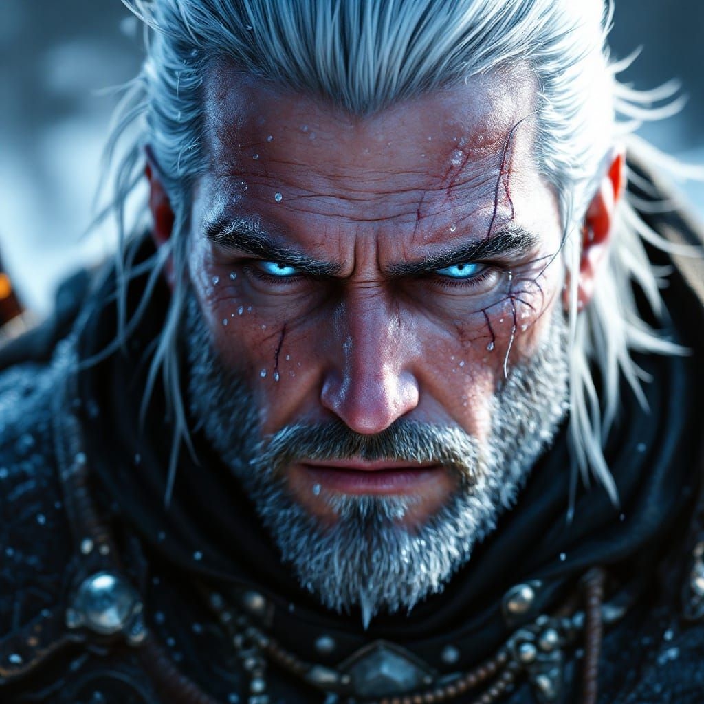 Geralt-like Warrior in Ice, Anime-Inspired 3D Art
