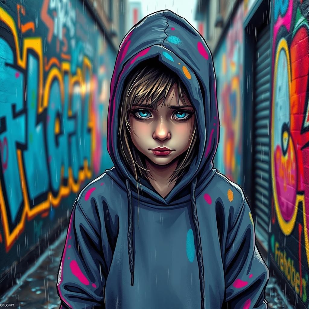 Sad Girl in Rainy Alleyway Graffiti Art