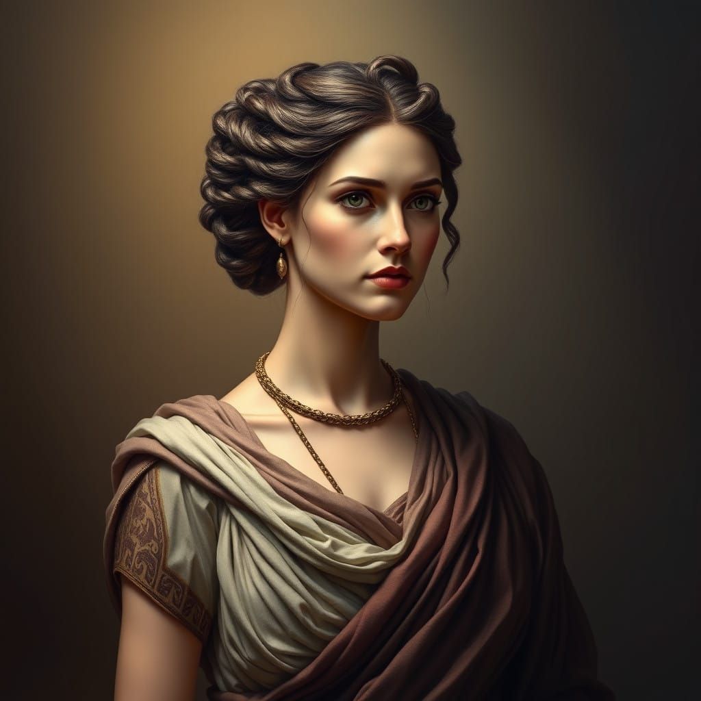 Beautiful woman dressed in 290 A.D. fashion and wearing hair...