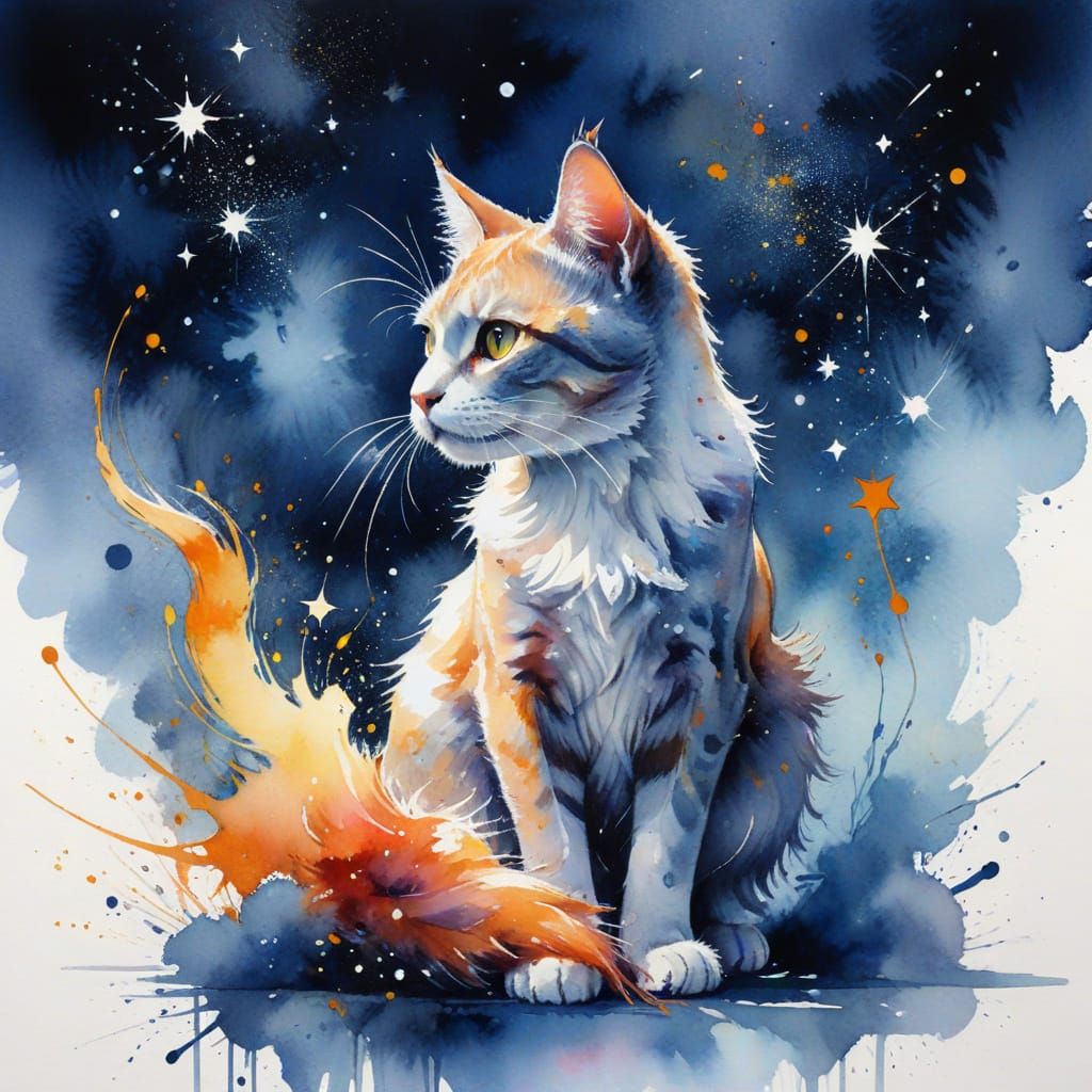 Cat Riding Comet Trails at Midnight in Watercolor Style
