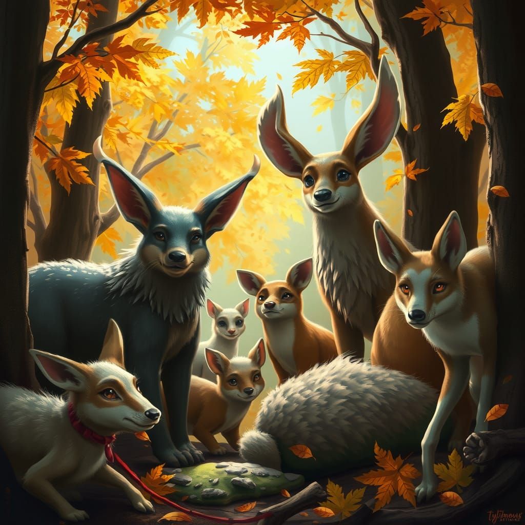 Autumn Animals in Forest, Fantasy Art Style