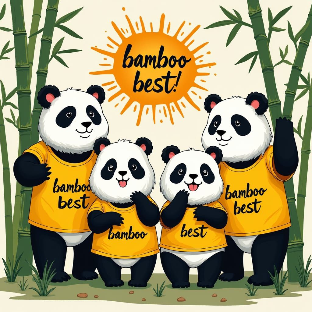 Four Cute Pandas in Yellow Shirts with Bamboo Best