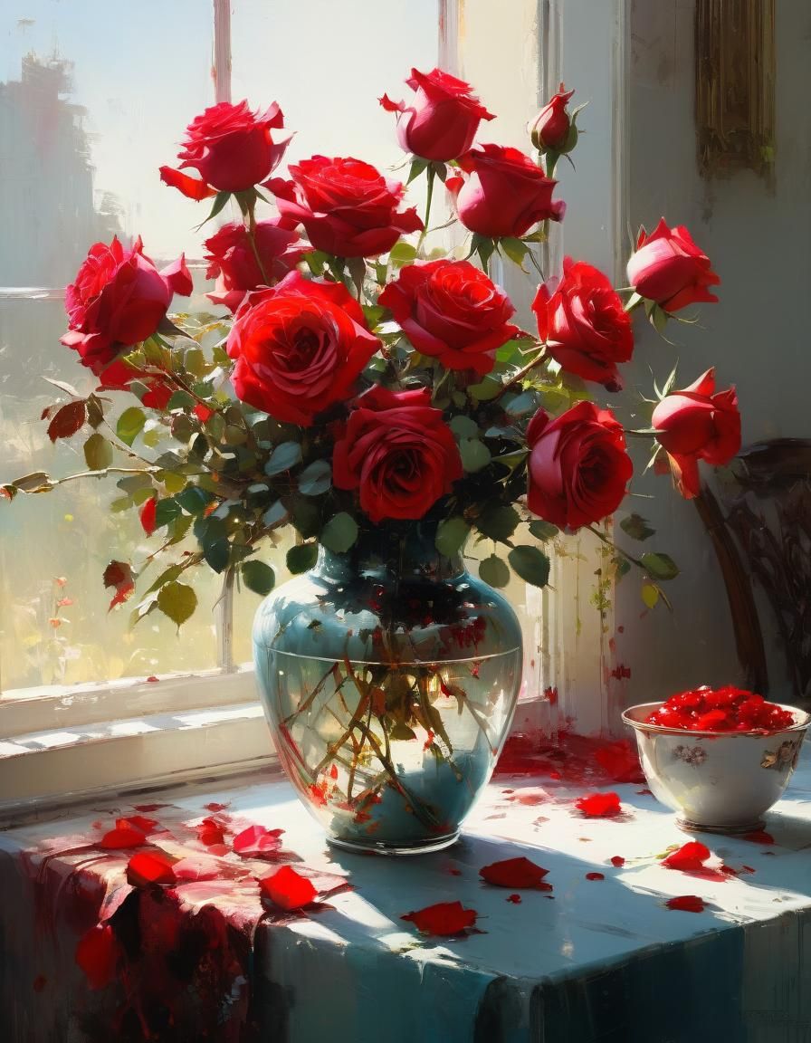 Vase of Red Roses: Impasto Style Fine Art