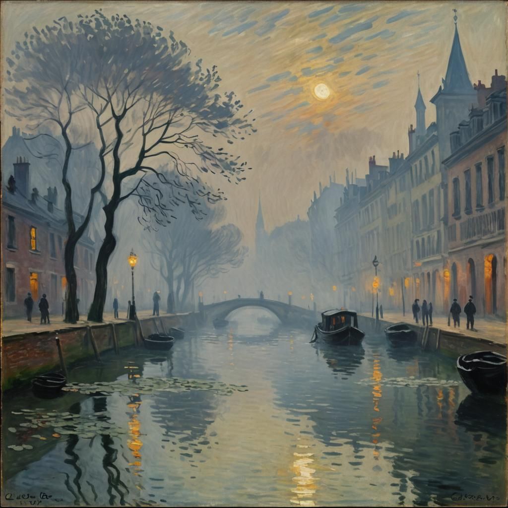 Canal in Fog, Post-Impressionist Style