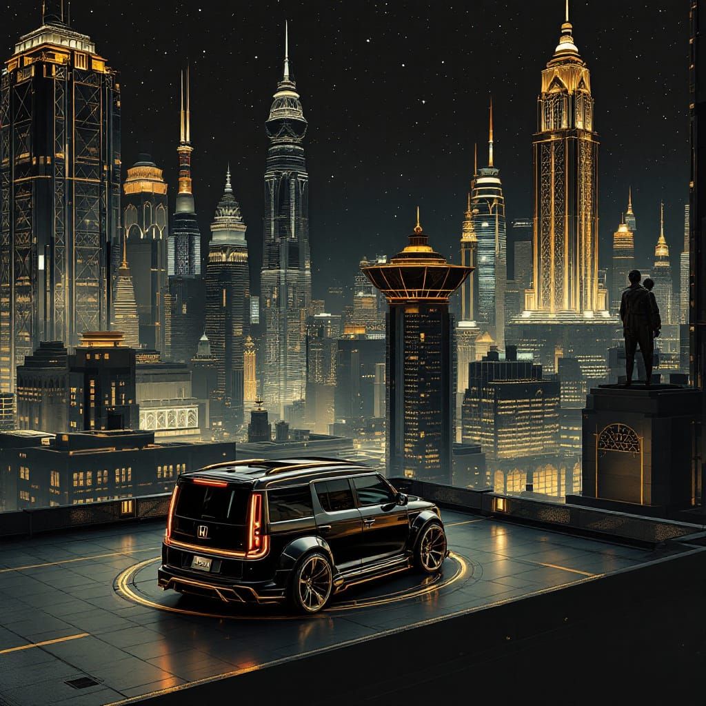Art Deco Cityscape at Night in Retro-Futuristic Style