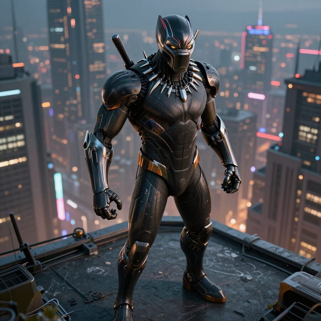 Black Panther Over Cyberpunk Cityscape