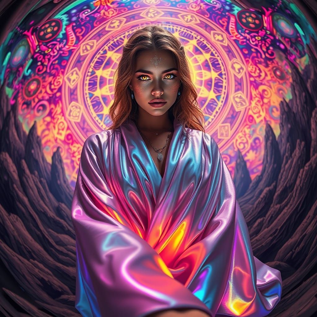 Goddess with Hypnotic Eyes in Psychedelic Landscape