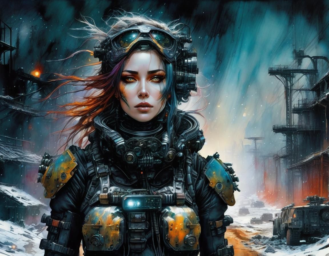 Martian Cyborg Survivor in Nuclear Winter: Watercolor Art