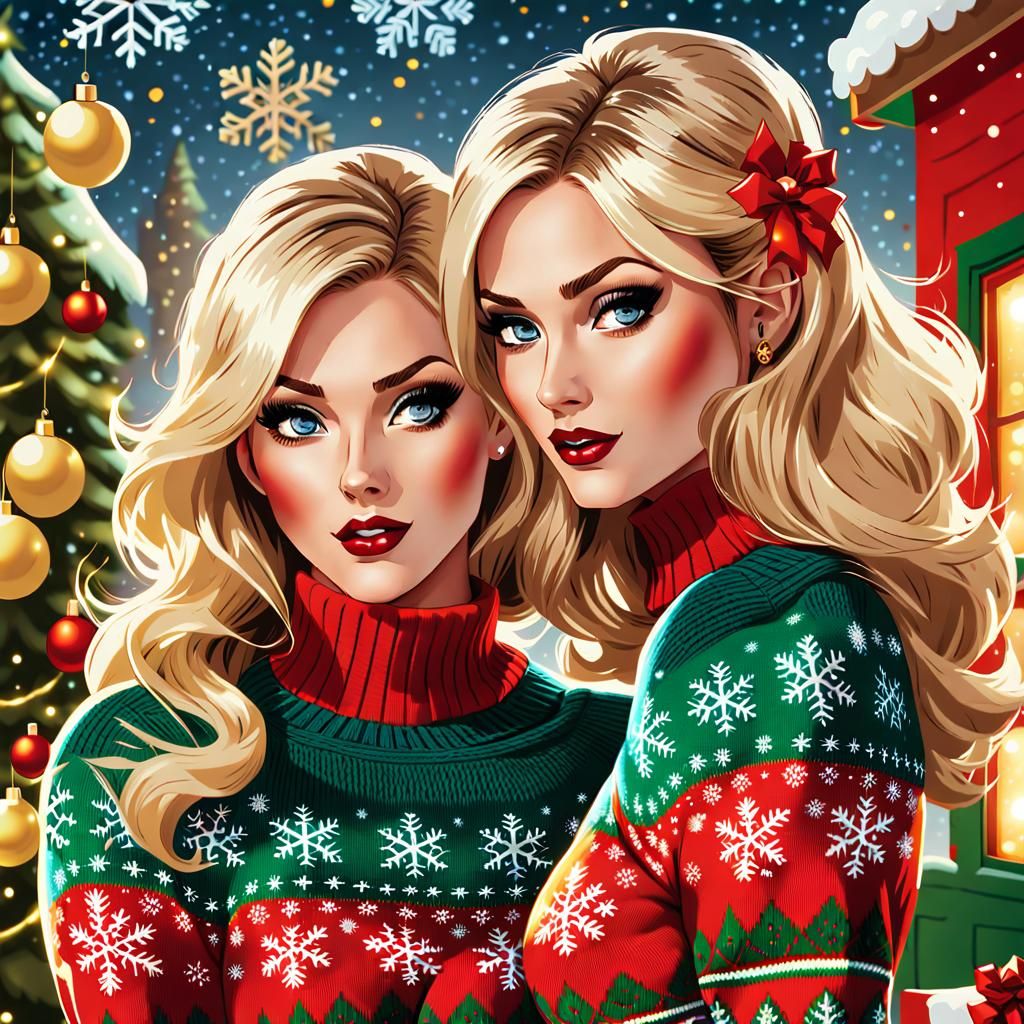 Blonde Twin Sisters in Playful Holiday Sweaters