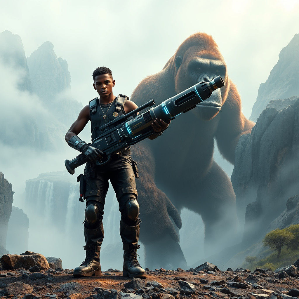 Teen and King Kong with Bazooka in Sci-Fi Landscape