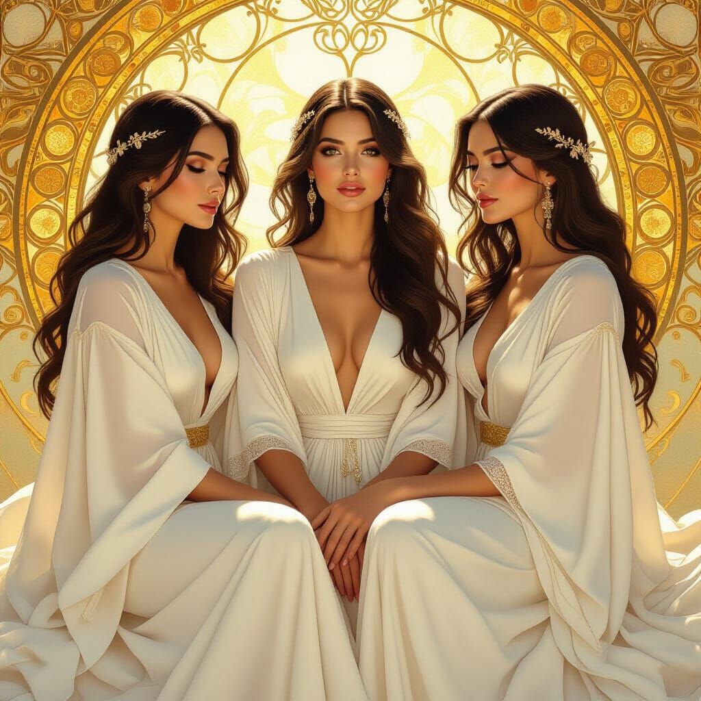 Elegant Women in Golden Light, Art Nouveau Style
