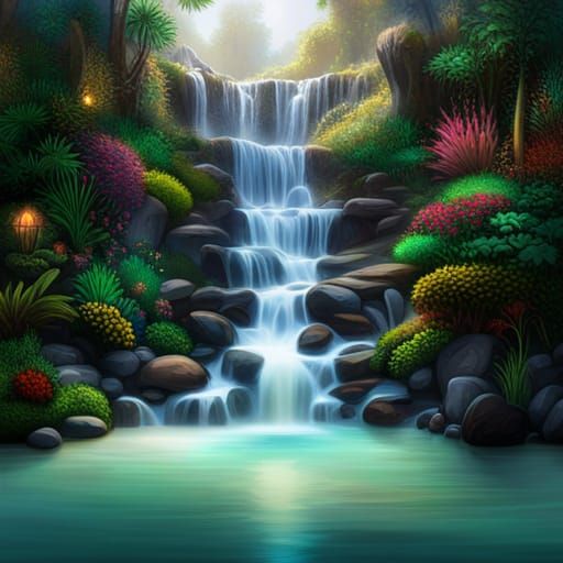 Stardust Falls in Luminous Lagoon: Hyperrealistic Splash Art