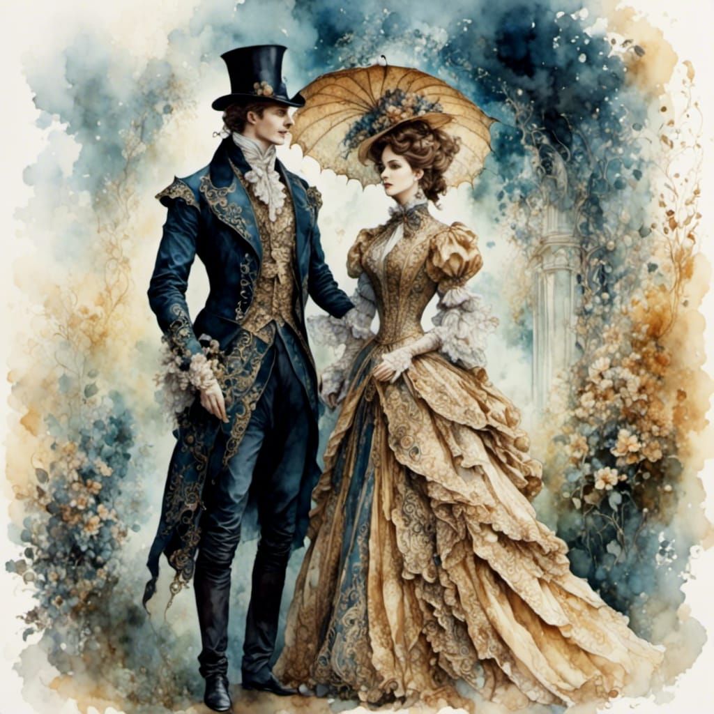 Victorian Couple Portrait in Romantic Watercolour Style