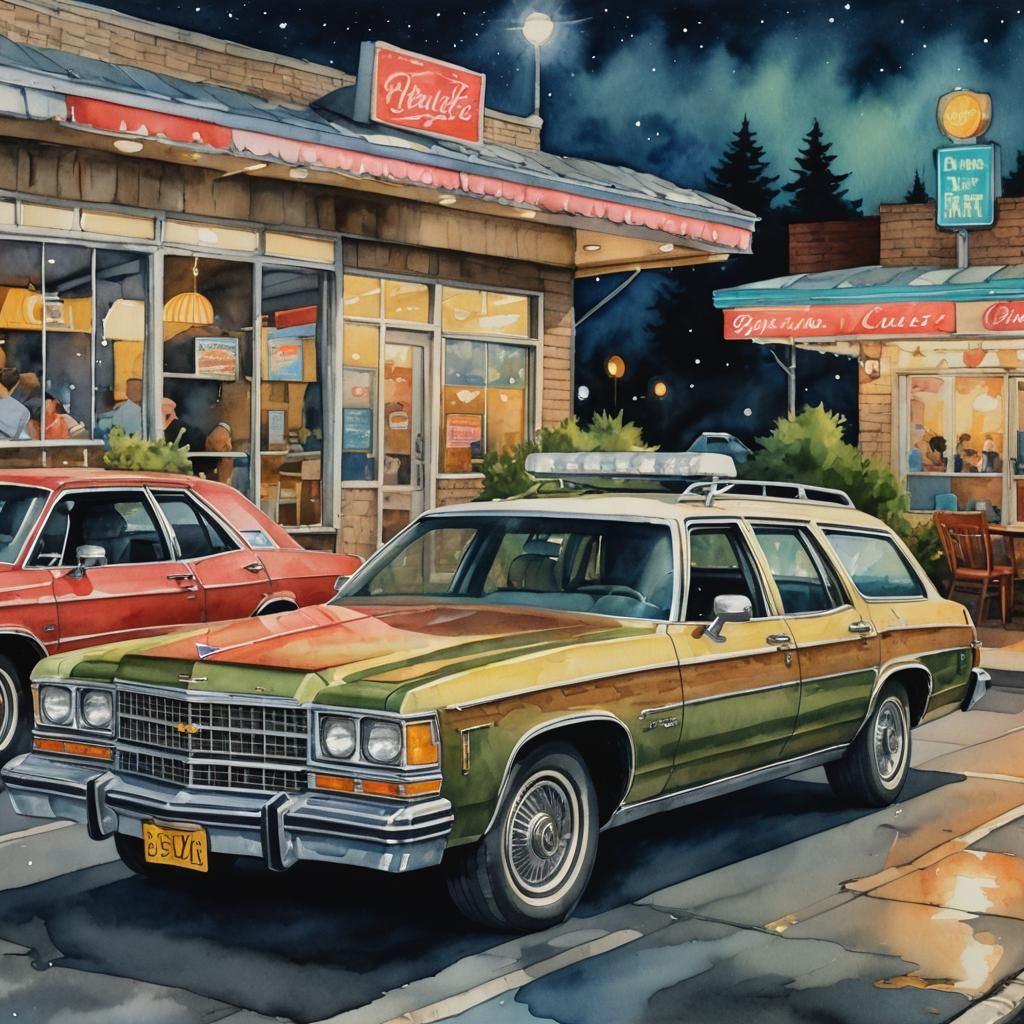 1975 Chevrolet Caprice at Diner, Watercolor Painting