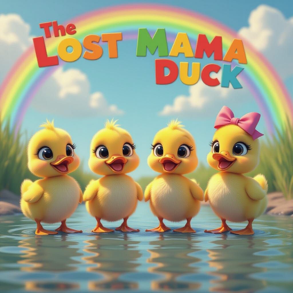 Cute Ducklings Under Rainbow in 3D Pixar Style